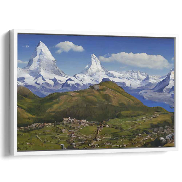 Misty Mountain Hamlet: Realistic Alpine Village Landscape Canvas Art