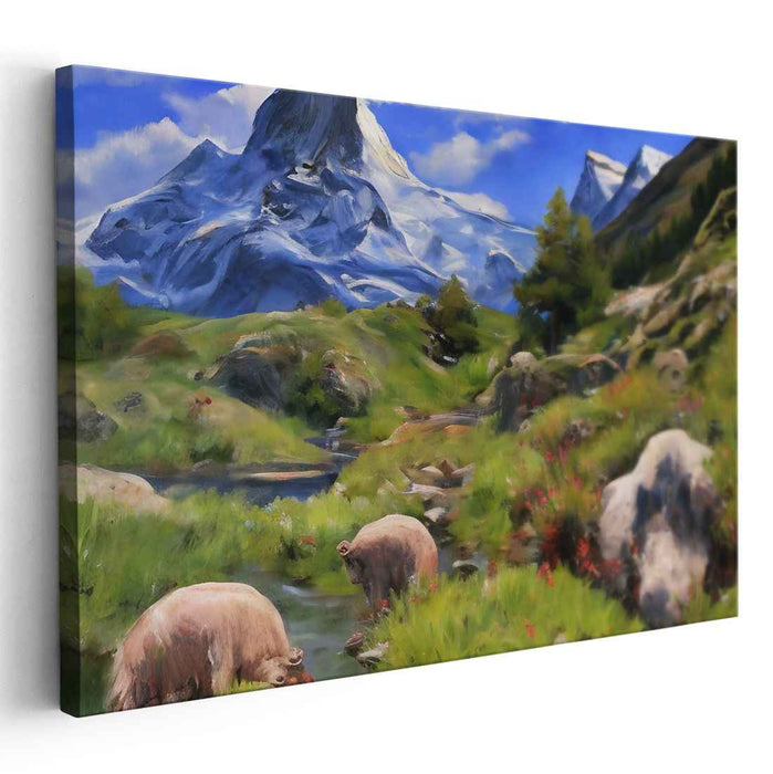 Sow Serenity Creek Dwellers: Realistic Landscape with Pigs by the Stream