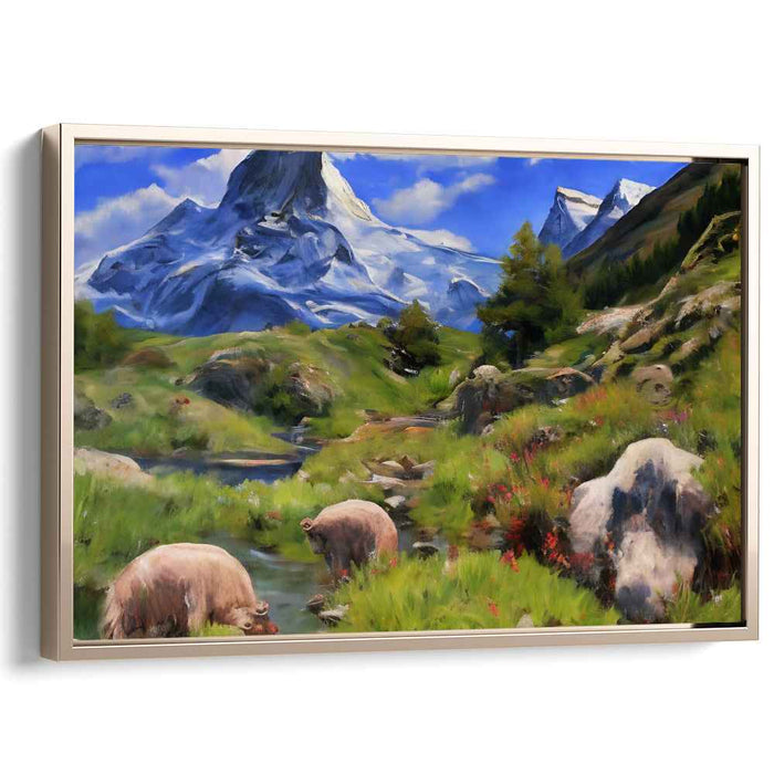 Sow Serenity Creek Dwellers: Realistic Landscape with Pigs by the Stream