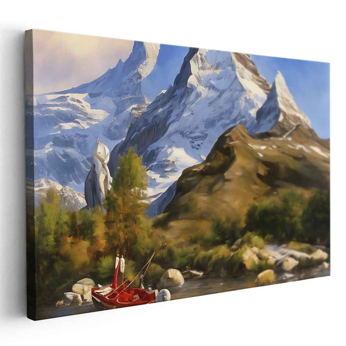 Crimson Voyage Through Peaks: Majestic Mountain Landscape with Serene River and Red Boat