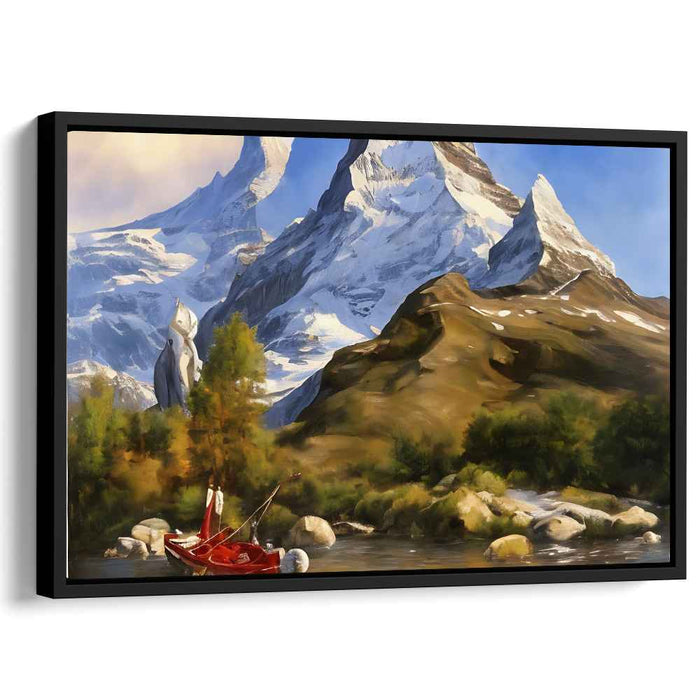 Crimson Voyage Through Peaks: Majestic Mountain Landscape with Serene River and Red Boat