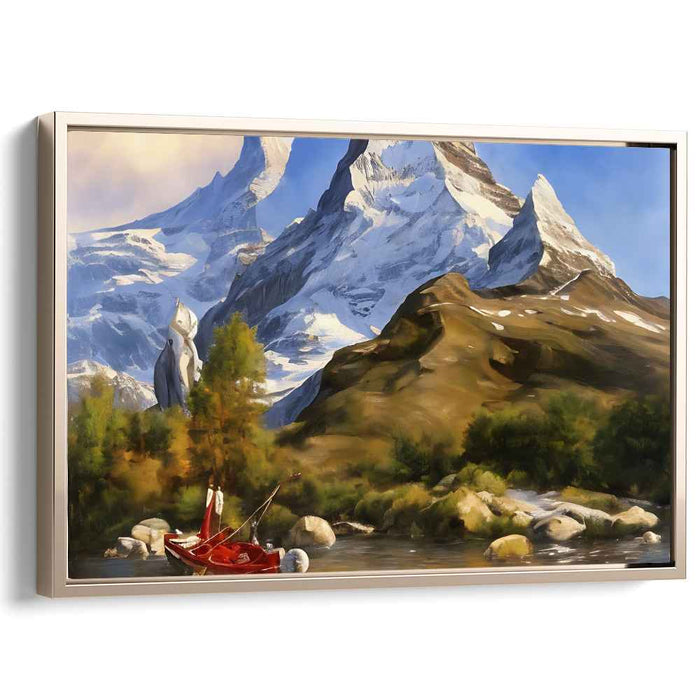 Crimson Voyage Through Peaks: Majestic Mountain Landscape with Serene River and Red Boat