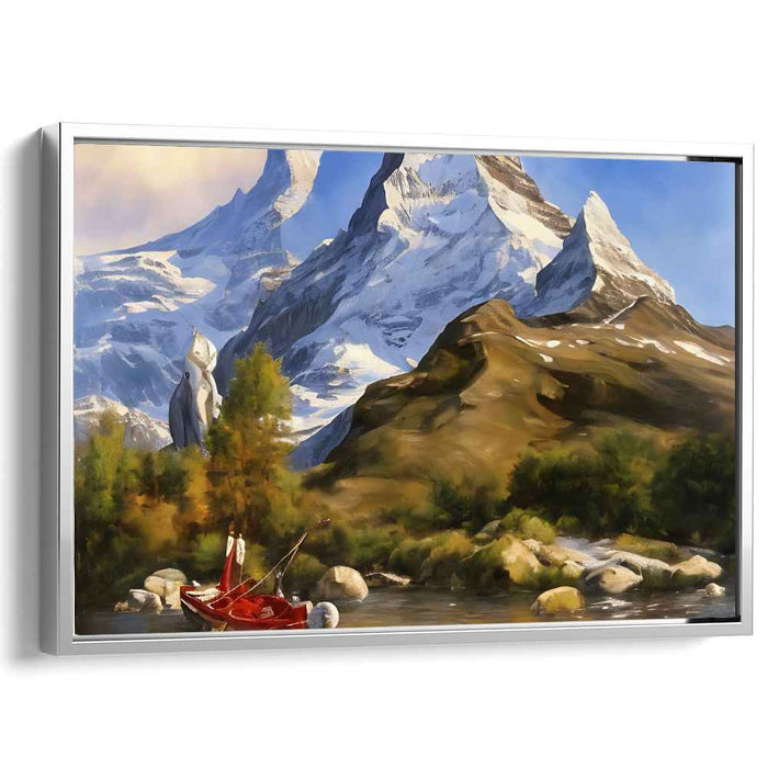 Crimson Voyage Through Peaks: Majestic Mountain Landscape with Serene River and Red Boat
