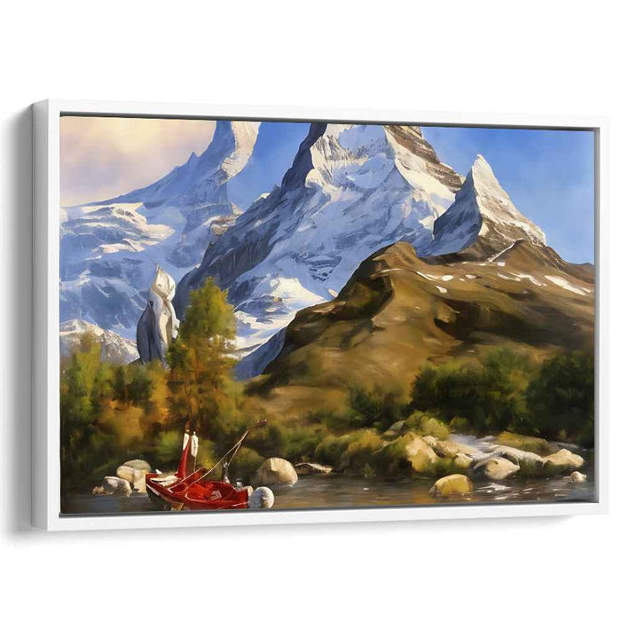 Crimson Voyage Through Peaks: Majestic Mountain Landscape with Serene River and Red Boat