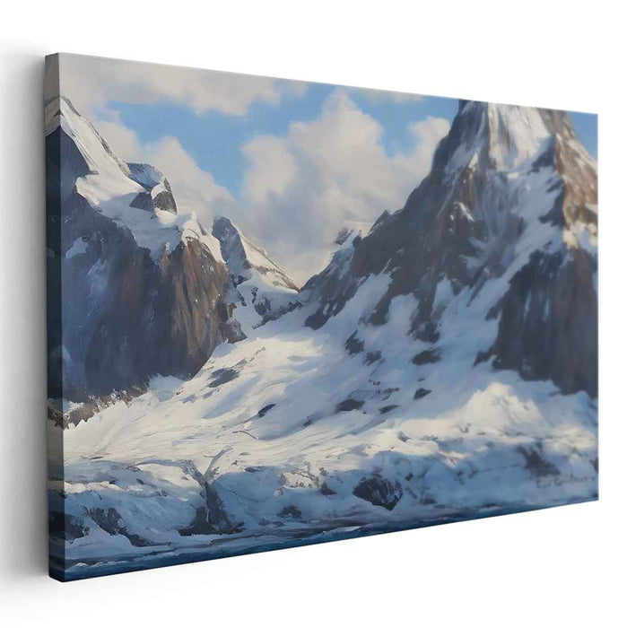 Frozen Summit Symphony: Realistic Snow-Capped Mountain Landscape Canvas Art