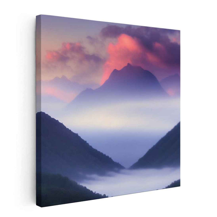 Misty Mountain Dawn: Serene Landscape Canvas Art Print