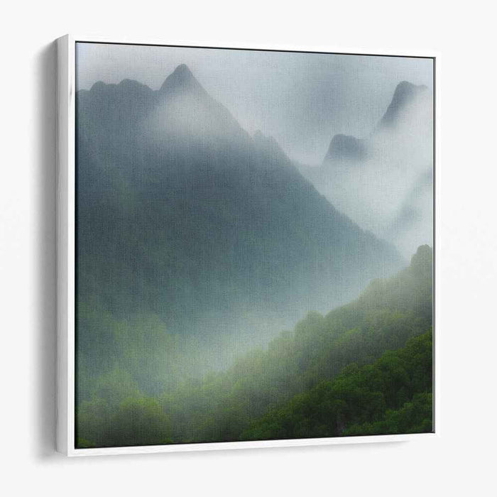 Mystic Mountain Veil: Serene Misty Landscape Canvas Art