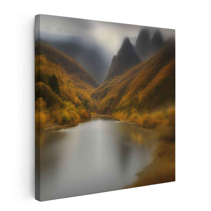 Serene Autumnal Valley: Misty Landscape Canvas Art Print