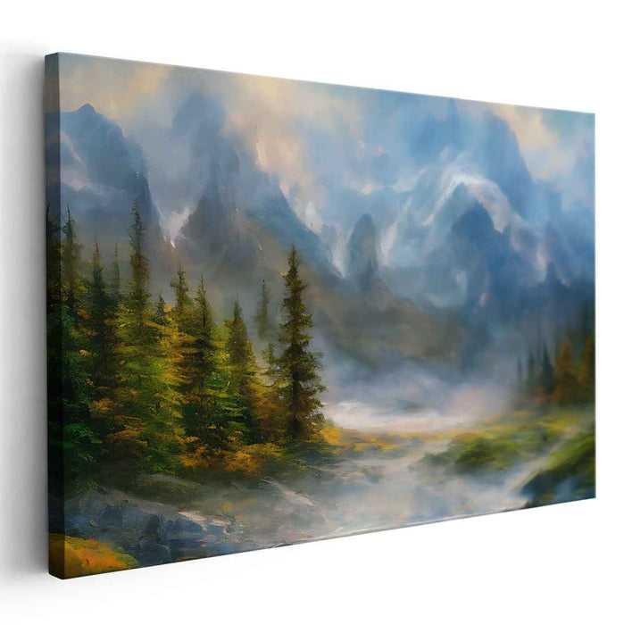 Mountain Melody Retreat: Romantic Landscape Mountain Retreat Canvas Art Print