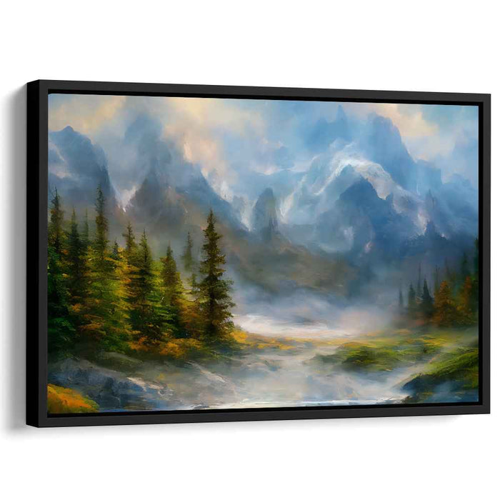 Mountain Melody Retreat: Romantic Landscape Mountain Retreat Canvas Art Print