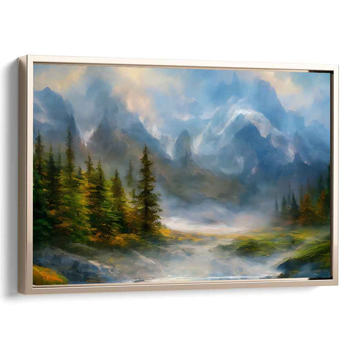 Mountain Melody Retreat: Romantic Landscape Mountain Retreat Canvas Art Print