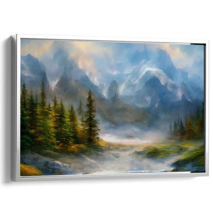 Mountain Melody Retreat: Romantic Landscape Mountain Retreat Canvas Art Print