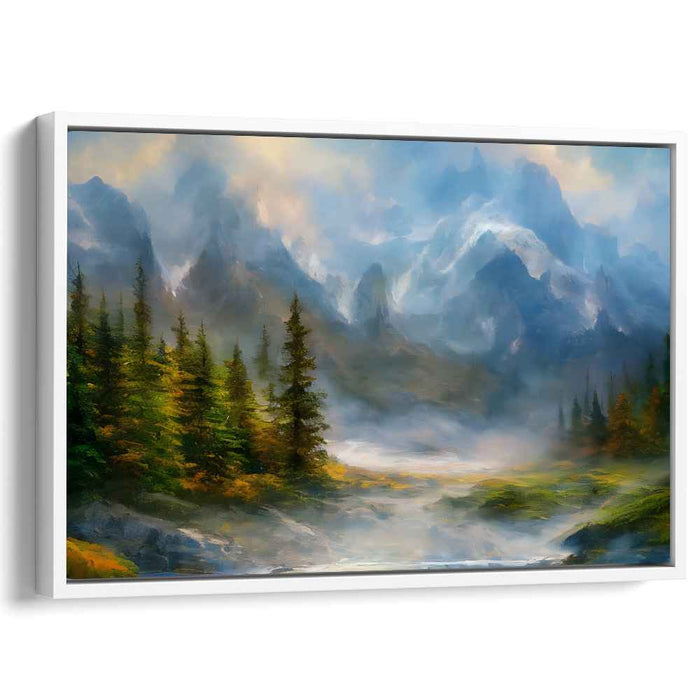 Mountain Melody Retreat: Romantic Landscape Mountain Retreat Canvas Art Print