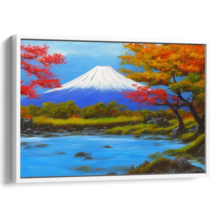 Ethereal Peaks Whispering Secrets: Serene Mountain and Vibrant Foliage Landscape Canvas Art