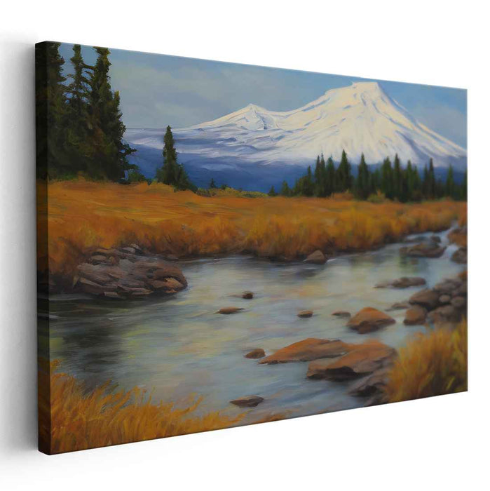 Misty Heights Symphony: Autumnal Mountain Stream Landscape Canvas Art Print