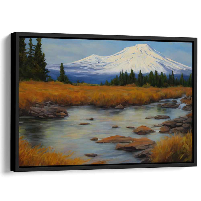 Misty Heights Symphony: Autumnal Mountain Stream Landscape Canvas Art Print