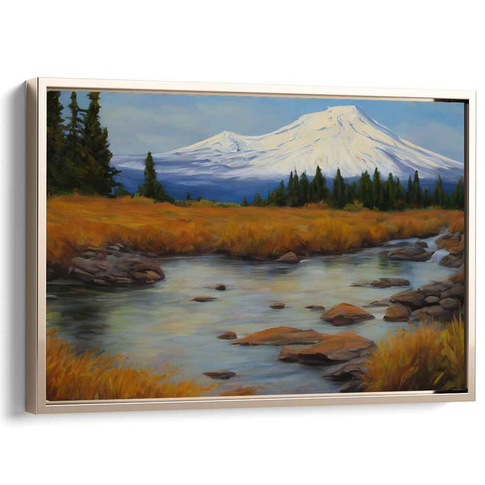 Misty Heights Symphony: Autumnal Mountain Stream Landscape Canvas Art Print