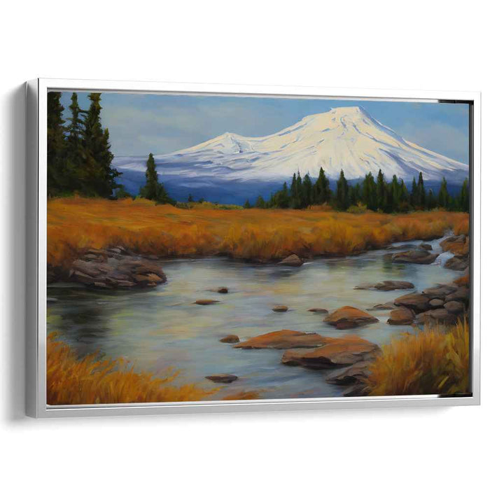 Misty Heights Symphony: Autumnal Mountain Stream Landscape Canvas Art Print