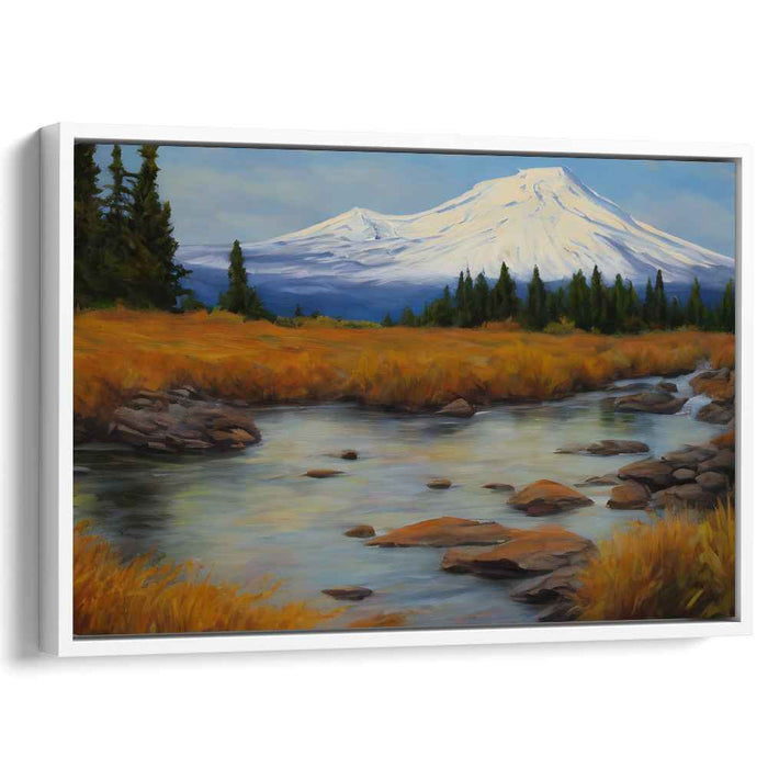 Misty Heights Symphony: Autumnal Mountain Stream Landscape Canvas Art Print