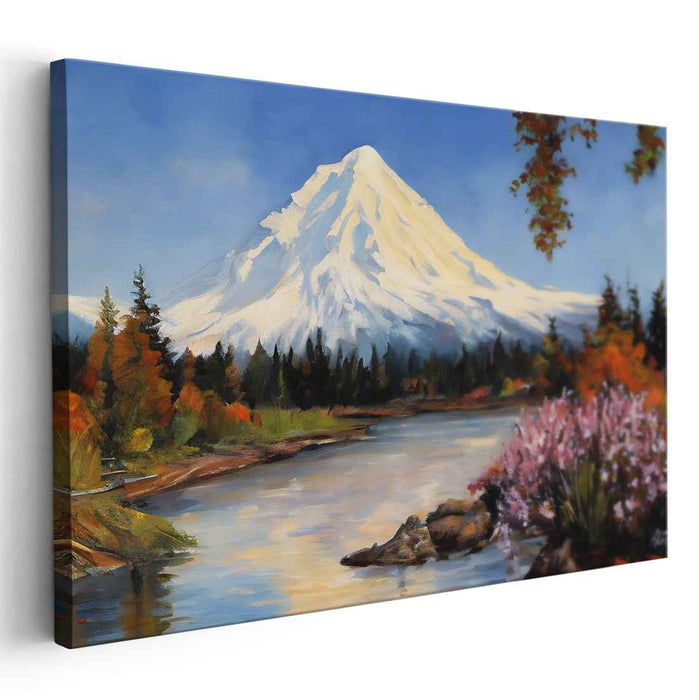 Ethereal Snow Dance: Traditional Landscape of Snow-Capped Mountain and River