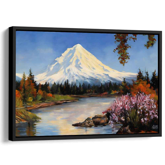 Ethereal Snow Dance: Traditional Landscape of Snow-Capped Mountain and River