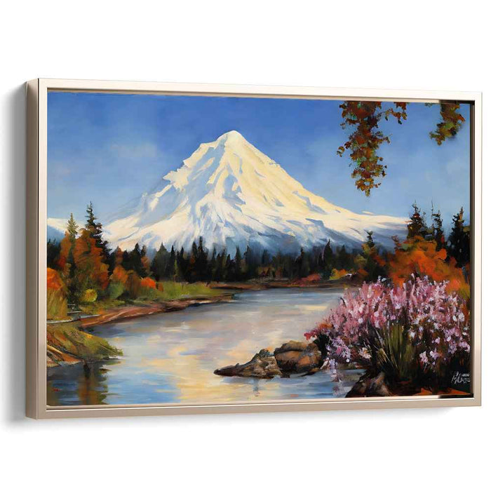 Ethereal Snow Dance: Traditional Landscape of Snow-Capped Mountain and River