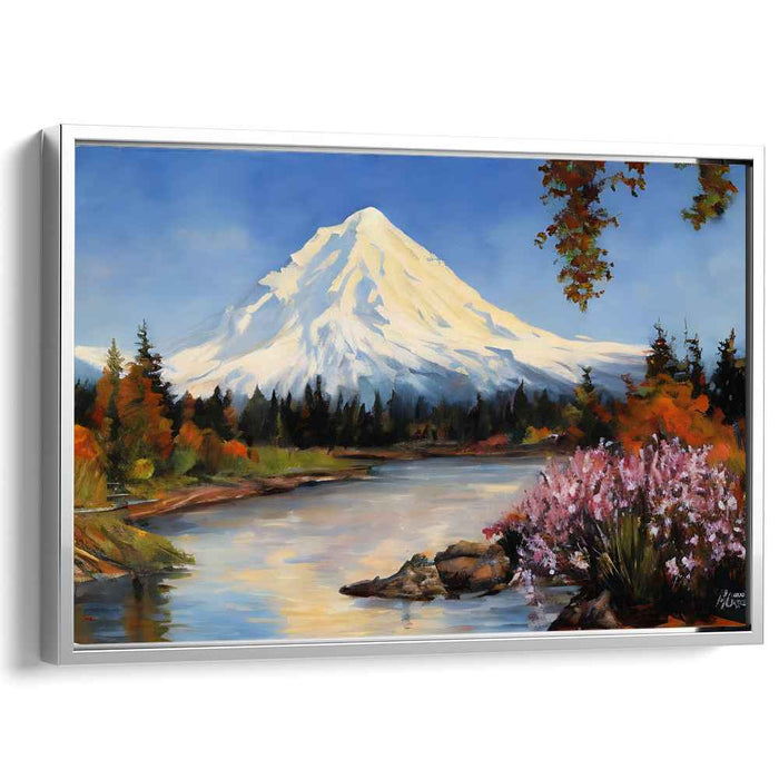 Ethereal Snow Dance: Traditional Landscape of Snow-Capped Mountain and River