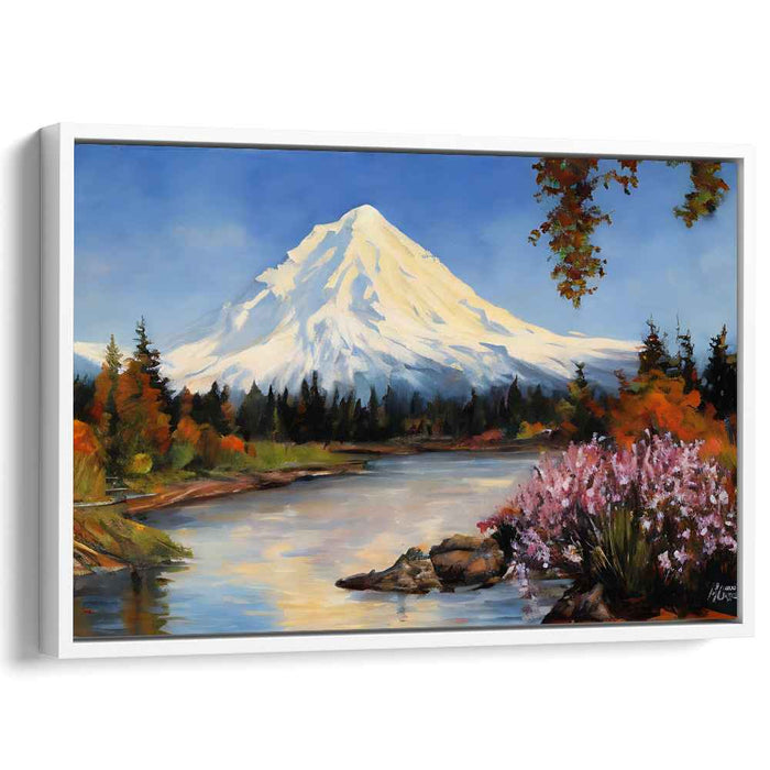 Ethereal Snow Dance: Traditional Landscape of Snow-Capped Mountain and River