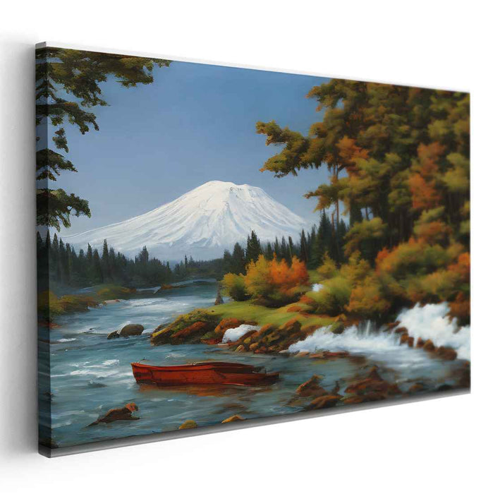Crimson Journey Beyond Peaks: Serene Landscape with Majestic Mountain and Red Boat Canvas Art Print