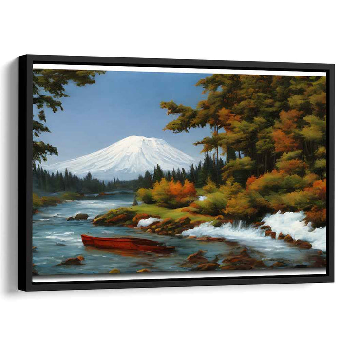 Crimson Journey Beyond Peaks: Serene Landscape with Majestic Mountain and Red Boat Canvas Art Print