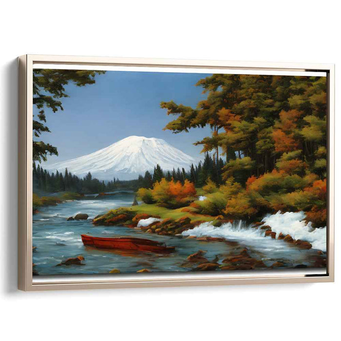 Crimson Journey Beyond Peaks: Serene Landscape with Majestic Mountain and Red Boat Canvas Art Print
