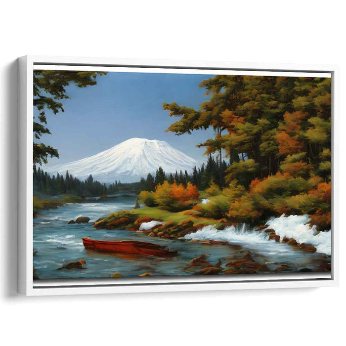 Crimson Journey Beyond Peaks: Serene Landscape with Majestic Mountain and Red Boat Canvas Art Print
