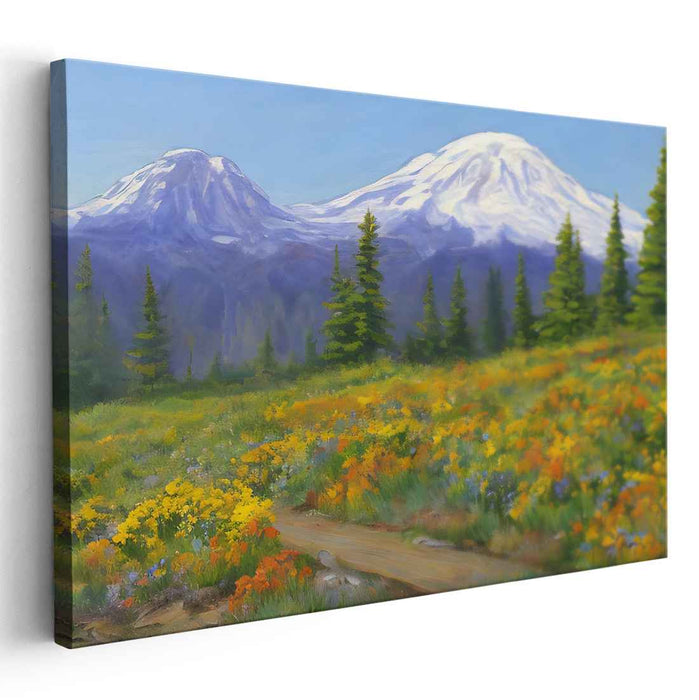 Whispering Peaks Bloom Pass: Serene Landscape with Wildflowers and Snow-Capped Peaks