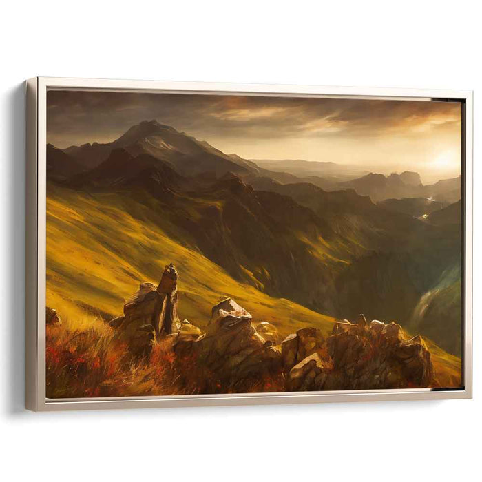 Golden Peaks Whispering Solitude: Sunlit Mountain Landscape Canvas Art Print