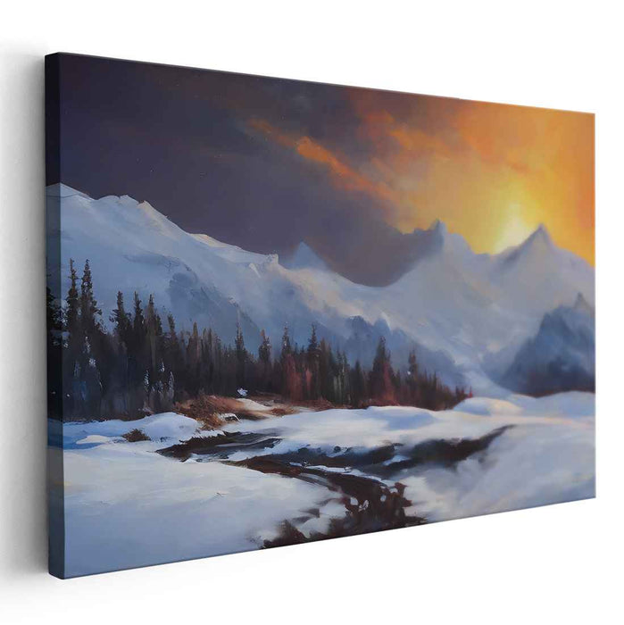 Sunrise Over Snow-Capped Peaks: Serene Winter Landscape Canvas Art Print