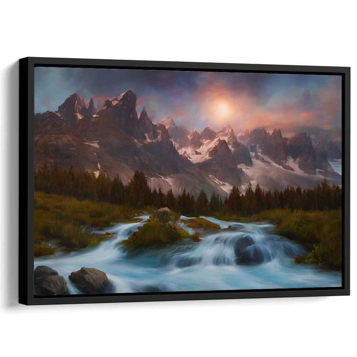 Twilight Cascading Waters: Tranquil Mountain River at Sunset