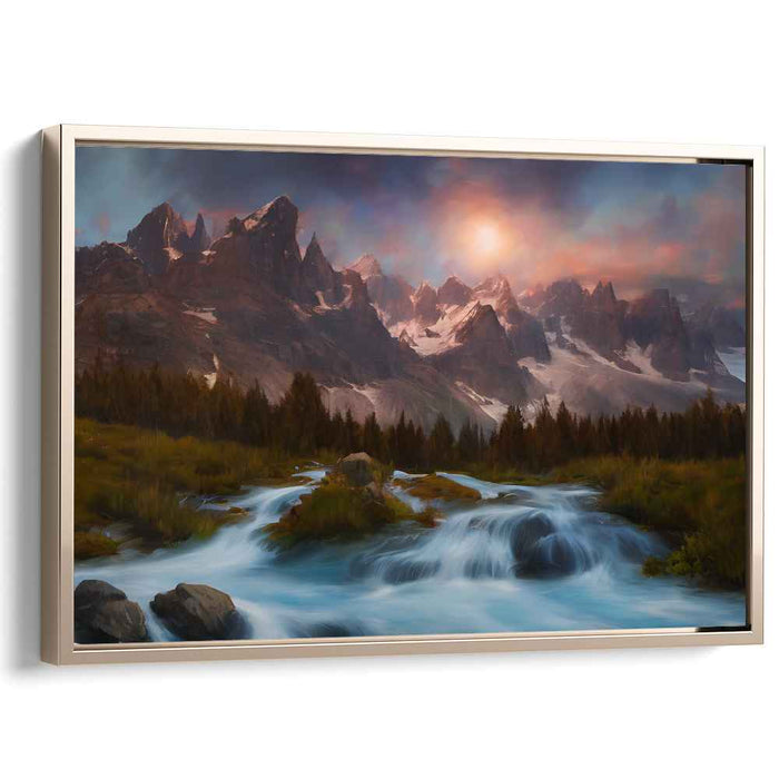 Twilight Cascading Waters: Tranquil Mountain River at Sunset