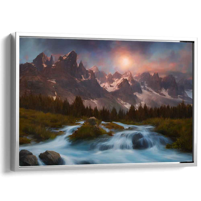 Twilight Cascading Waters: Tranquil Mountain River at Sunset