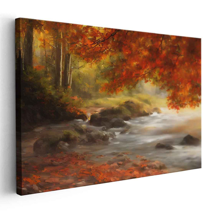 Whispering Oak Canopy: Serene Woodland Stream in Fall Landscape Canvas Art
