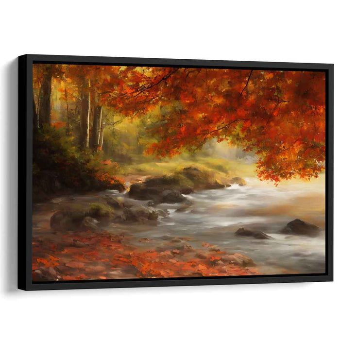 Whispering Oak Canopy: Serene Woodland Stream in Fall Landscape Canvas Art