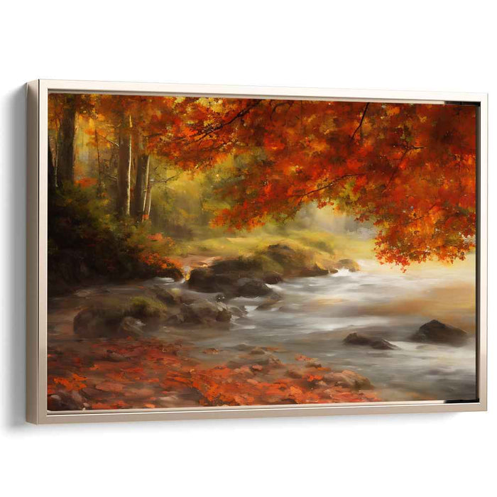 Whispering Oak Canopy: Serene Woodland Stream in Fall Landscape Canvas Art