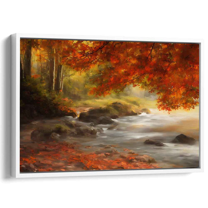Whispering Oak Canopy: Serene Woodland Stream in Fall Landscape Canvas Art