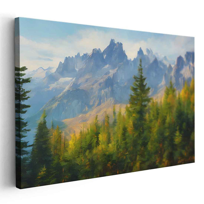 Enchanted Summit Serenity: Lush Forest and Towering Peaks Landscape Canvas Art