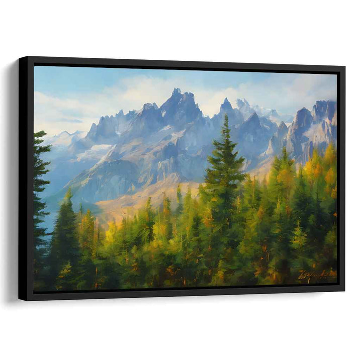 Enchanted Summit Serenity: Lush Forest and Towering Peaks Landscape Canvas Art
