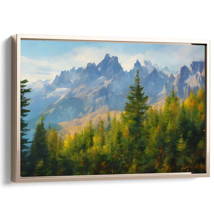 Enchanted Summit Serenity: Lush Forest and Towering Peaks Landscape Canvas Art