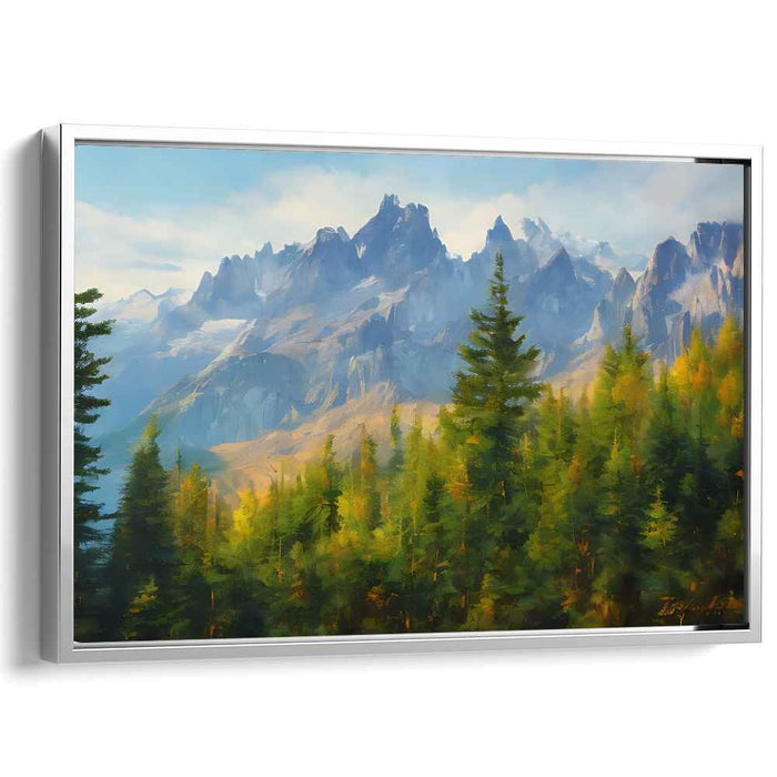 Enchanted Summit Serenity: Lush Forest and Towering Peaks Landscape Canvas Art