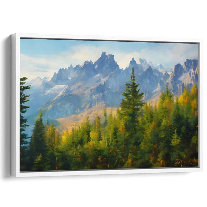 Enchanted Summit Serenity: Lush Forest and Towering Peaks Landscape Canvas Art