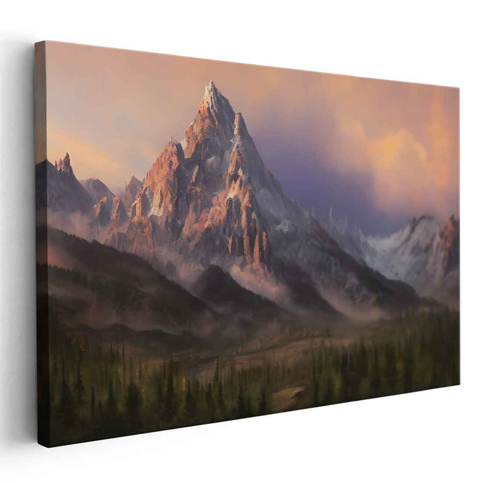 Sunrise Majesty: Romantic Landscape of a Misty Mountain Canvas Art
