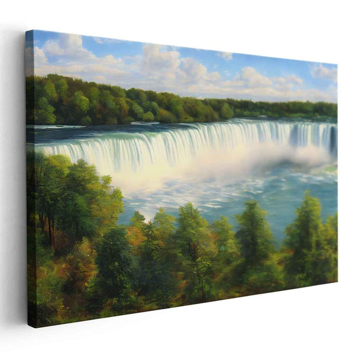 Echoing Cascades in Mist: Realistic Landscape Waterfall Canvas Art Print