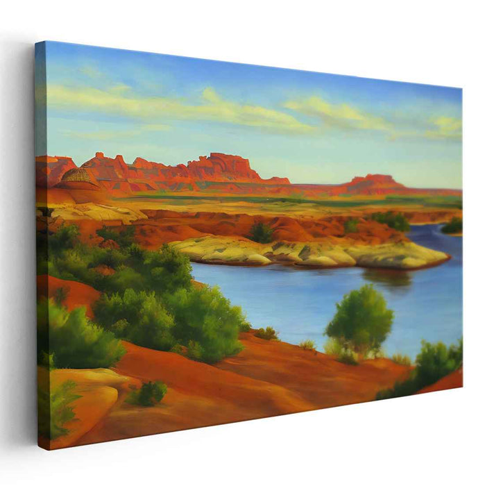 Riverside Adventure: Tranquil River and Rugged Terrain Landscape Canvas Art